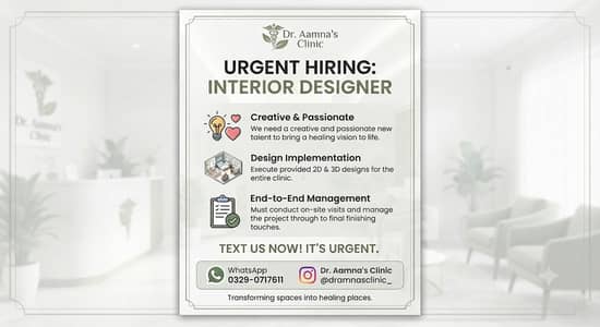 URGENT HIRING  at Dr Amna's Clinic Cavalry ground Lahore