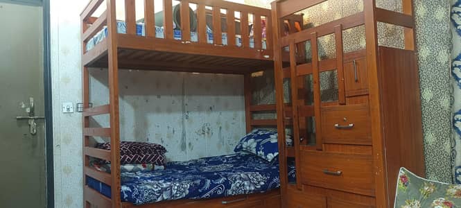 Three seater triple wooden bunk bed with 2 mattress & stairs