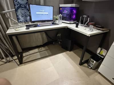 L shape white wooden table