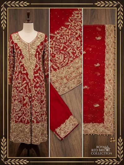 Luxury Red Bridal Dress | Heavy Embroidered 3 Piece Wedding Dress | Br