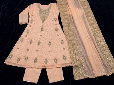 Beautiful Peach Party Wear Dress | 3 Piece Chiffon Suit | Heavy Embroi