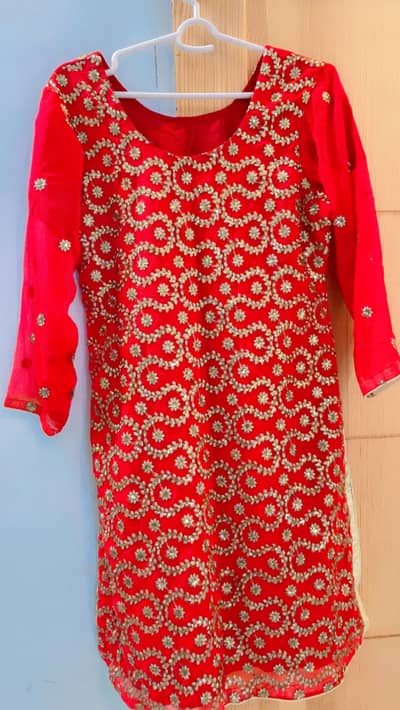 Red Chiffon Embroidered Party Wear Shalwar Kameez – For Rent