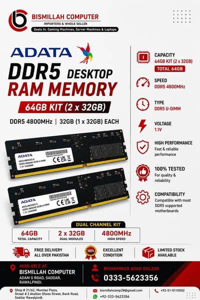 DDR5 RGB 64GB (32GB×2) 4800MT/s Desktop Memory Kit