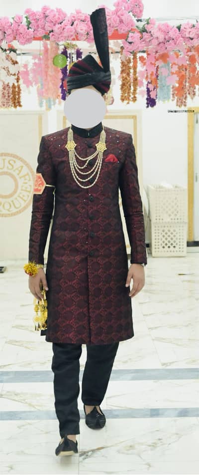 Elegant Groom Sherwani- Maroon and Black, kulla and necklace|Worn once