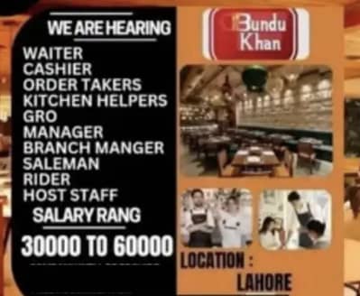 need waiter oder taker cashier dishwasher Receptionist staff required