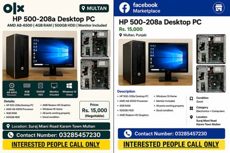 HP 500-208a Desktop PC | AMD A8-6500 | 4GB RAM | 500GB HDD | Monitor I
