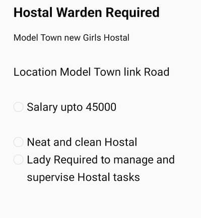 Hostal Warden Required in model Town link road