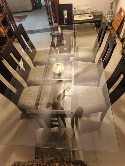 Dining table with 8 chairs shisham wood and glass top