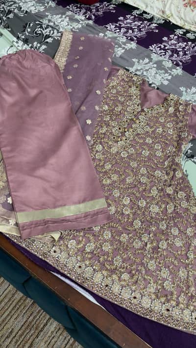 Heavy Embroided Net Frock 3 Piece Onion Pink Colour.