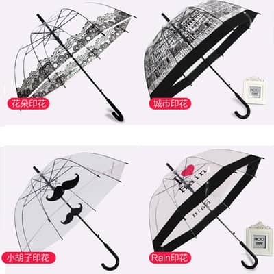 Premium Transparent Clear Umbrella Long Handle Printed Windproof Rain