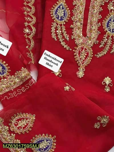 Premium Red Organza 3 piece unstitched Suit