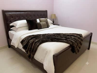 Premium King Size Wooden Bed with Cushioned Leather Headboard