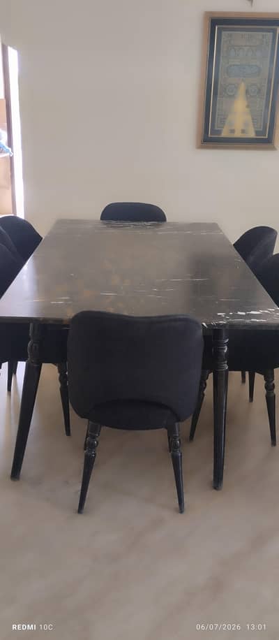 six 6 chairs dining table with marble top size 6ft. x 3.5ft.