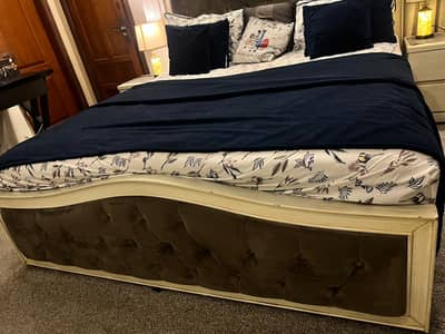 Wooden bed set with side table and mattress