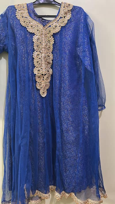 Blue frock and trouser with jamawar