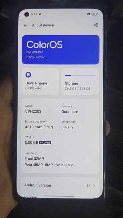 OPPO A94 only set non pta Indisplay finger