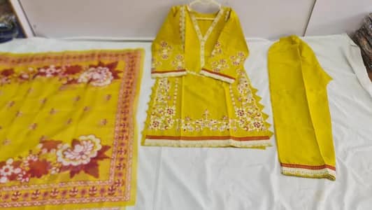 Yellow Embroidered Kurta Pajama set with Shawl