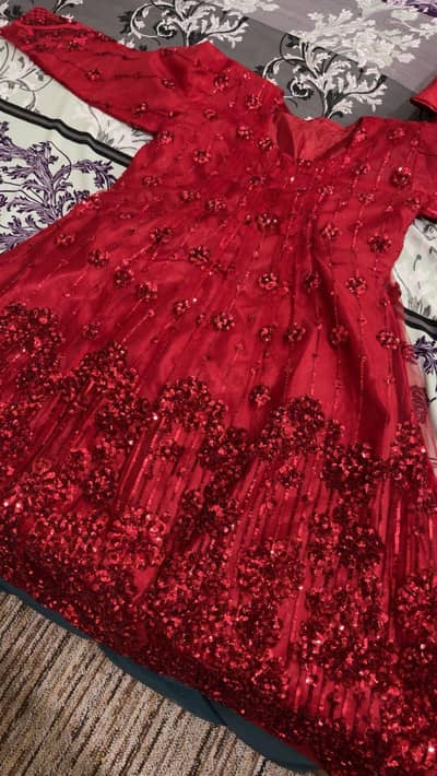 New Red Organza Embroidered frock party wear suit stitched