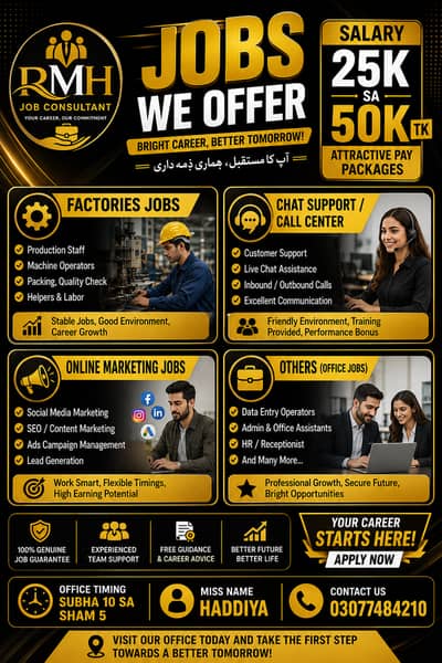 Urgent Jobs In Lahore | 0307-7484210 | Contatc For Jobs In Lahore |Ur