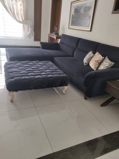 L shape navy blue sofa set with foot rest