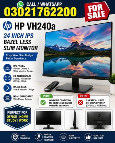 HP VH240a 24" IPS Bezel-Less Monitor | HDMI | 100% Working