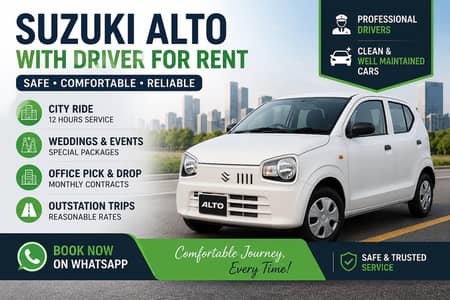 Suzuki Alto Cars Available with professional Drivers for rent