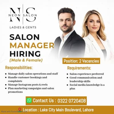 Salon Manager (Male & Female) – NS Neon Salon (Ladies & Gents)