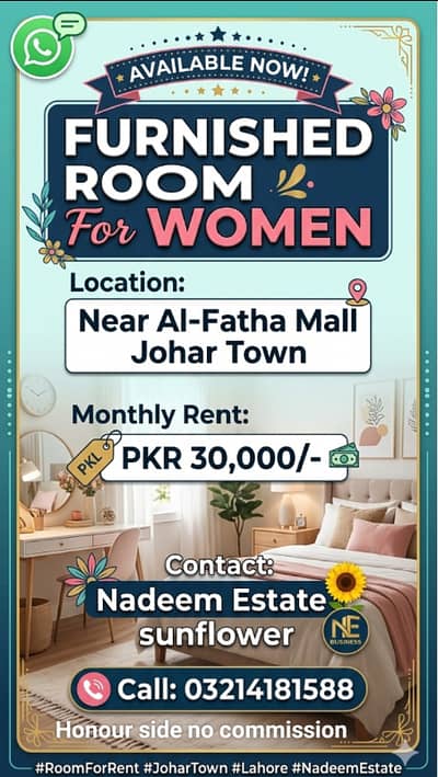 FURNISHED room for a WOMEN available near AL FATIHA MALL Johar town.