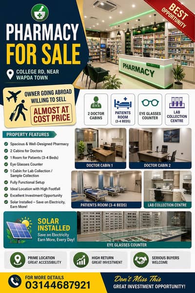 Pharmacy for Sale Near Wapda Town Lahore | Fully Setup Medical Store