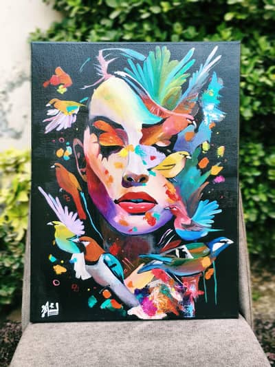 beautiful abstract painting of a women and birds