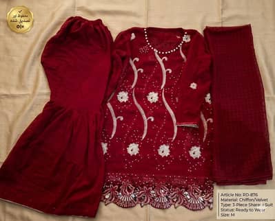Fancy 4-Piece Maroon Sharara Suit/Chiffon & Velvet Premium Dress Size