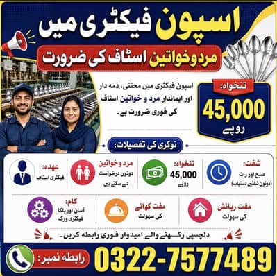Spoon factory staff required lahore male female hiring job factory
