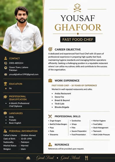 experienced chef needed job fast food Lahore.