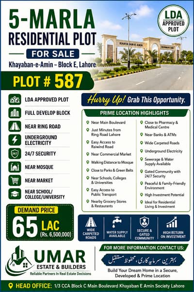 5 Marla LDA Approved Residential Plot for Sale in Khayaban-e-Amin Block E Lahore | Fully Developed Block | Near Ring Road