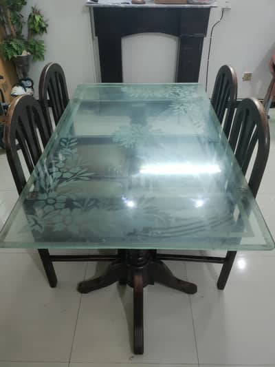 6 Seater Solid Wood Dining Table with Glass Top