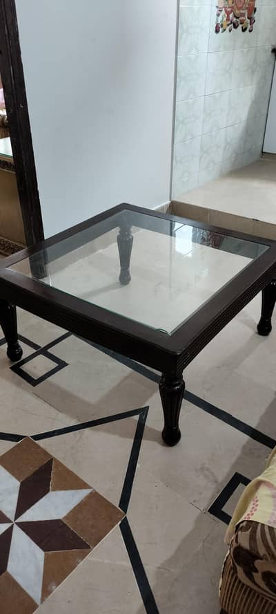 Elegant Dark Wood Glass-Top Coffee Table (35 × 35 Inches)