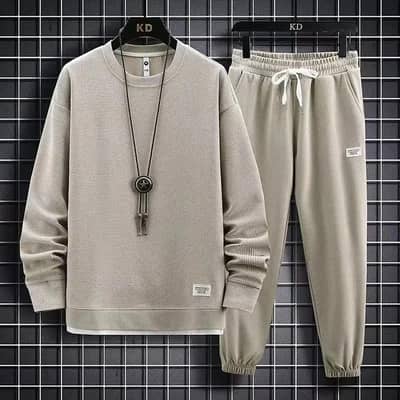 Men's Premium Waffle Knit Track Suit - 2 Pcs Grey Casual Set