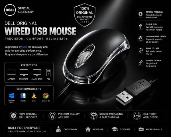 Dell Original Wired USB RGB Optical Mouse | High Precision 1000 DPI | Plug & Play | Ergonomic Silent Mouse for Laptop, PC, Desktop & Computer | Windows 11/10, macOS, Linux & Chrome OS Compatible