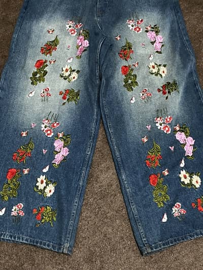 Flower Embroidery Baggy Pants