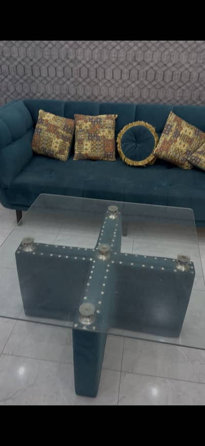Velvet Sea Green 5 Seater Sofa , Cusion’s with Table