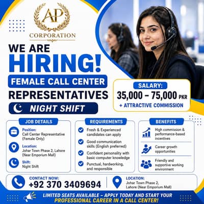Call Center Jobs For Females  in Johar Town Lahore (Night Shift) |