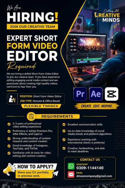 Short Form Video Editor Required | Remote | Office Based | Jobs