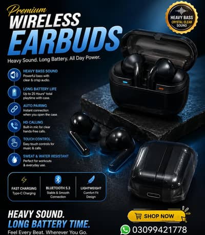 Wireless Bluetooth Earbuds | Heavy Bass Sound | Long Battery Backup