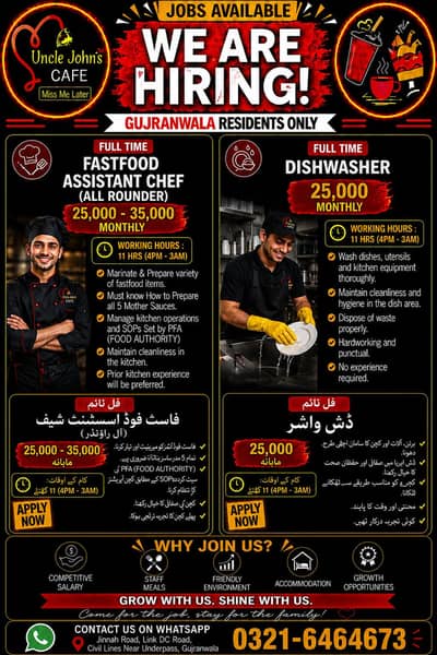 Fastfood Assistant Chef, Dishwasher JOBS - 0/3/2/1/6/4/6/4/6/7/3