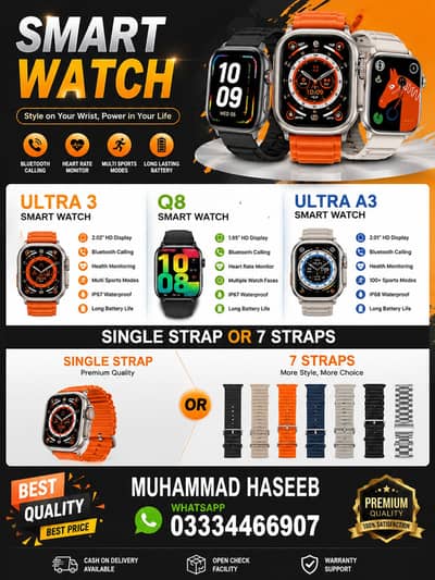 Ultra 3 | Q8 | Ultra A3 Smart Watch | Single Strap & 7 Straps Availab