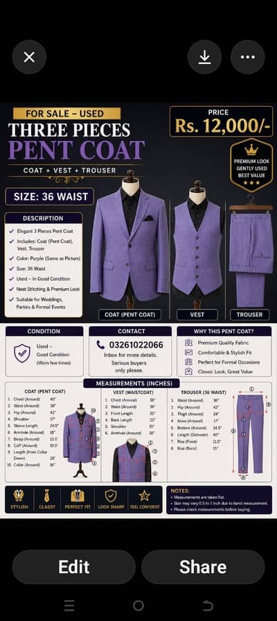 Premium 3 Piece Pant Coat | Purple | Size 36 | Excellent Condition