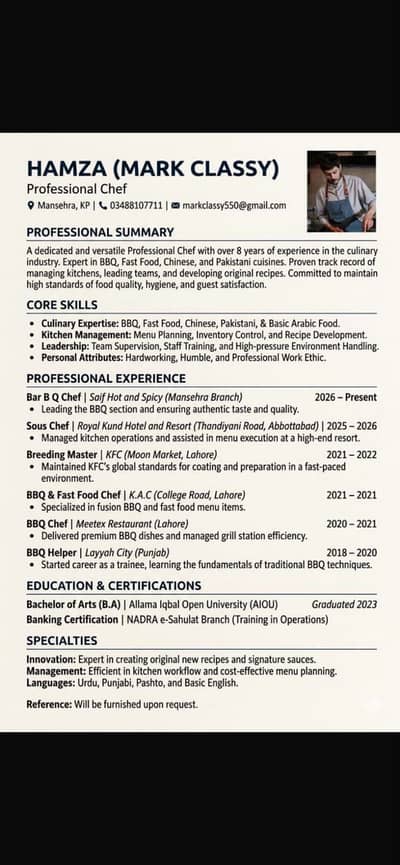 Need job im professional chef and Bar b Q master
