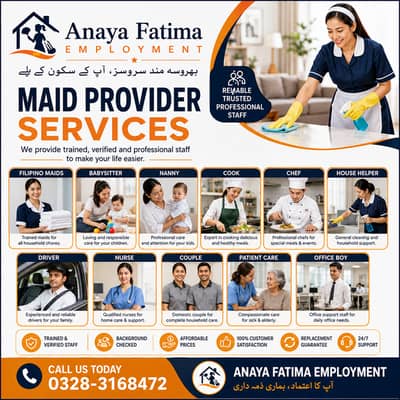Maids / House Maids / cook / House chef / Baby Sitter maid available