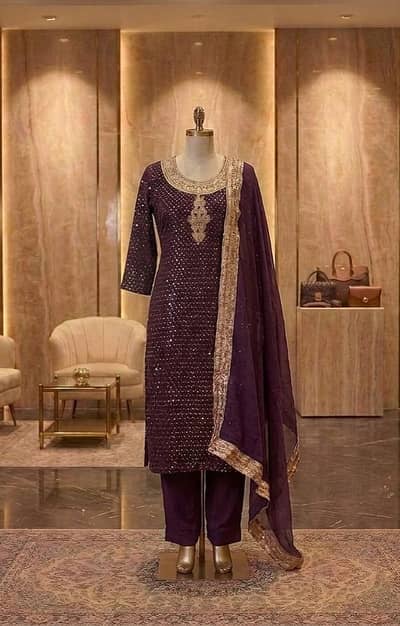 Elegant Deep Purple 3-Piece Party/Wedding Wear Dress