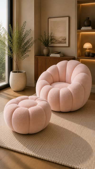  Comfort Craze | Luxury Bouclé Pumpkin Accent Chair with Ottoman